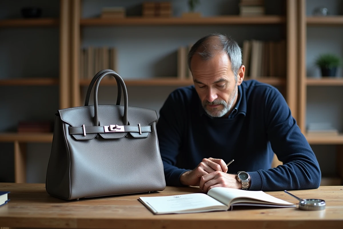 Revendeur professionnel inspectant l'authenticité d'un sac Hermès Birkin 30 en Clemence gris étoupe avec certificat sur un bureau en chêne