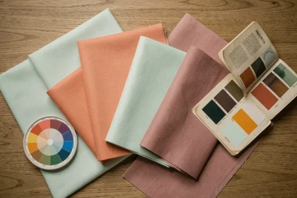 Échantillons de tissu vert d'eau pastel avec couleurs complémentaires corail et rose poudré disposés en flat lay sur une table en bois