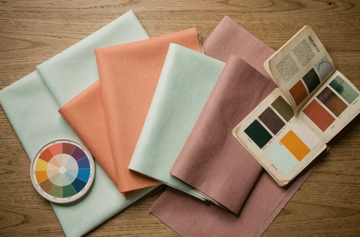 Échantillons de tissu vert d'eau pastel avec couleurs complémentaires corail et rose poudré disposés en flat lay sur une table en bois