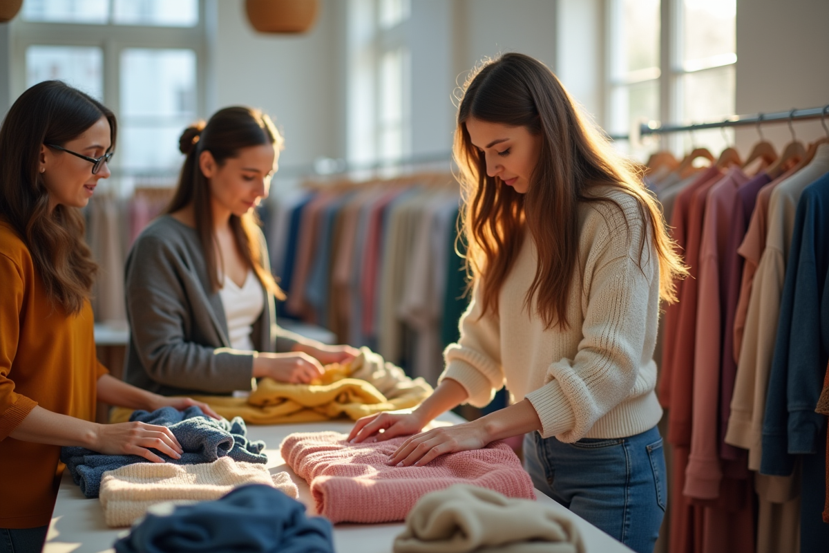 Vendeuse rangeant vêtements dans un vide-dressing intérieur
