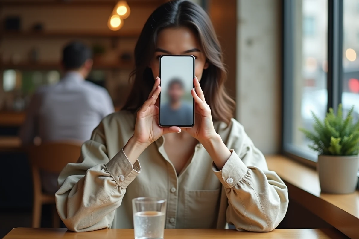 Jeune femme cachant son visage derrière un smartphone affichant un avatar flou dans un café urbain, illustrant le concept d'anonymat en ligne et de visage ziak